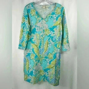 Caribbean Joe Women Turquoise Aquamarine Print Cotton 3/4 Sleeve Mini Dress Sz S